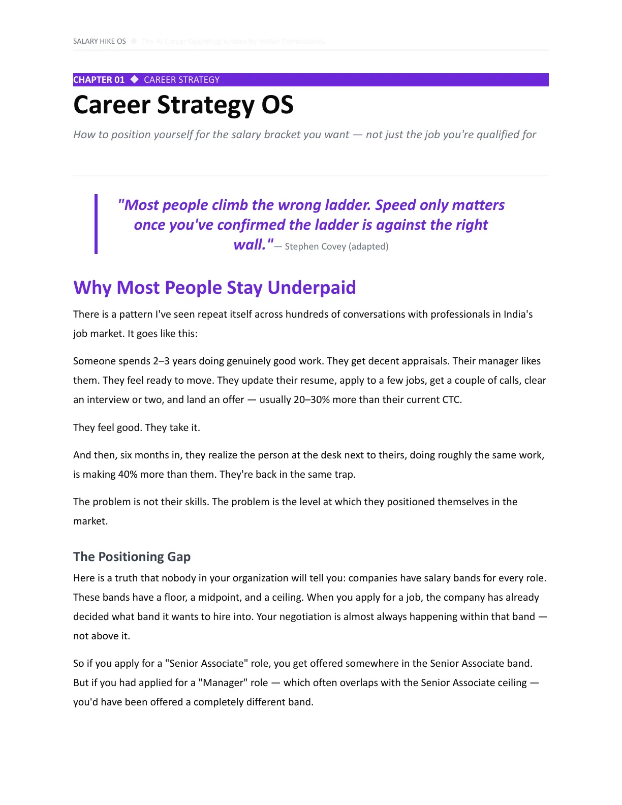 Page 5 of Salary Hike OS: the opening of Chapter 1, Career Strategy OS, with the section headed Why Most People Stay Underpaid and the start of The Positioning Gap.