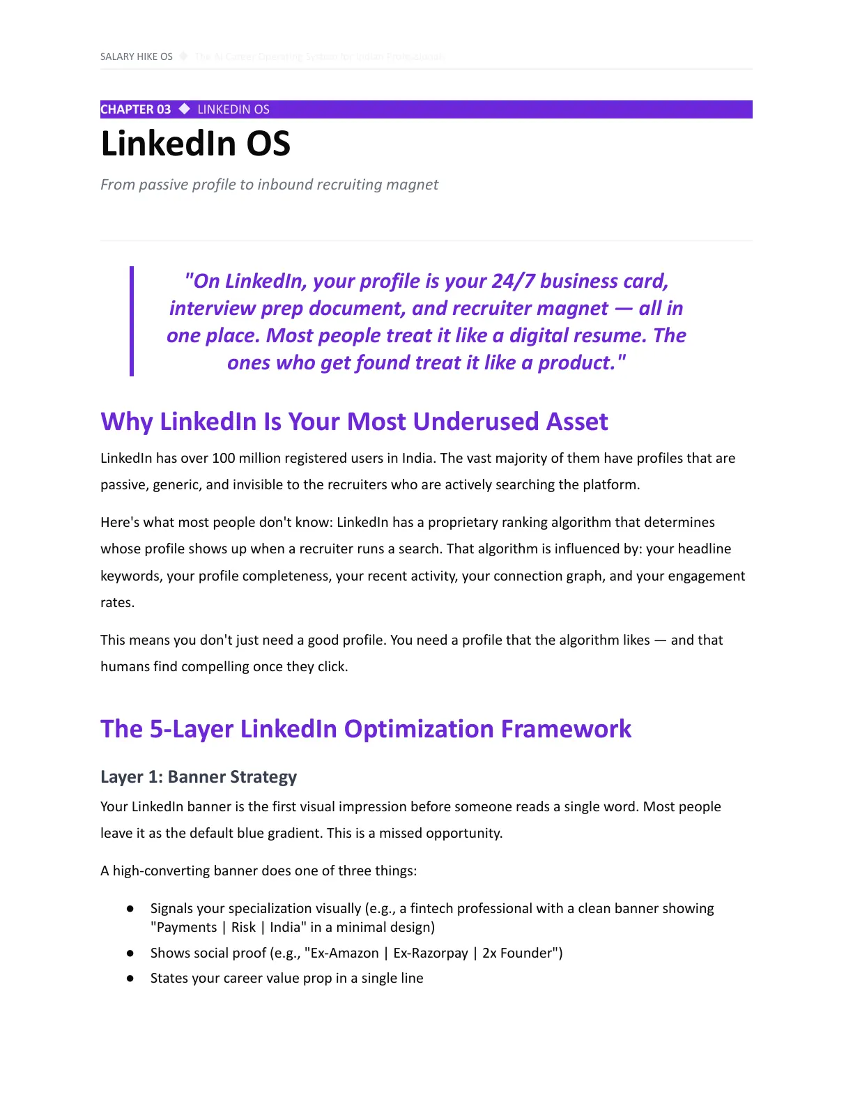 Page 19 of Salary Hike OS: the opening of Chapter 3, LinkedIn OS, with the 5-Layer LinkedIn Optimization Framework beginning at Layer 1, banner strategy.