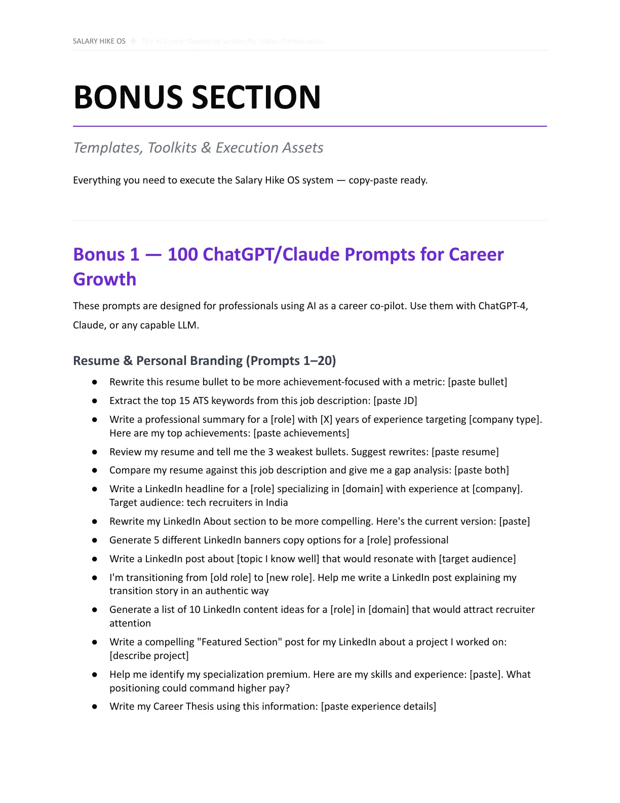 Page 44 of Salary Hike OS: the Bonus Section opening, showing Bonus 1, one hundred ChatGPT and Claude prompts, starting with prompts 1 to 20 on resume and personal branding.